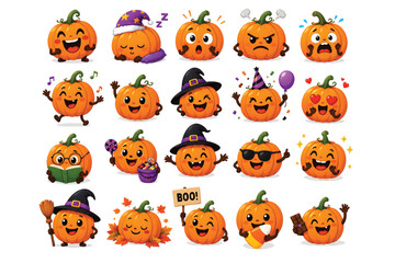 Obraz premium Cute Halloween Pumpkin Emoji Clipart Collection with Funny Jack O Lantern Faces and Cartoon Expressions Vector Set