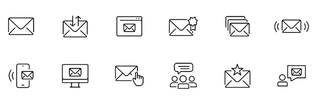 Email business related icons set. Including mail, message, inbox, communication, marketing, newsletter, send, and contact. Vector illustration.
