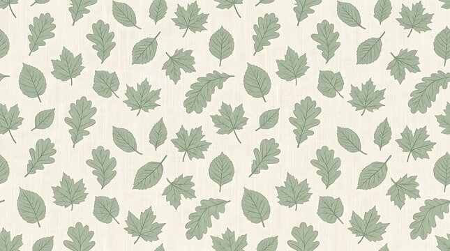 Seamless pattern with various green forest leaves on cream background