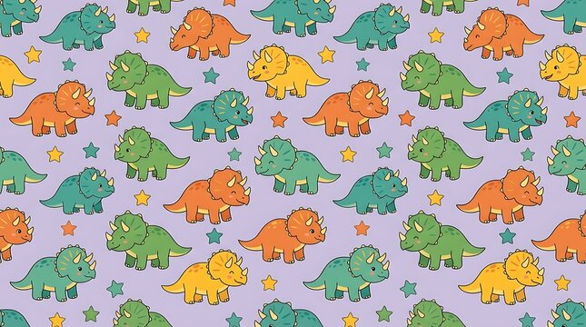 Seamless pattern of colorful cartoon triceratops and stars