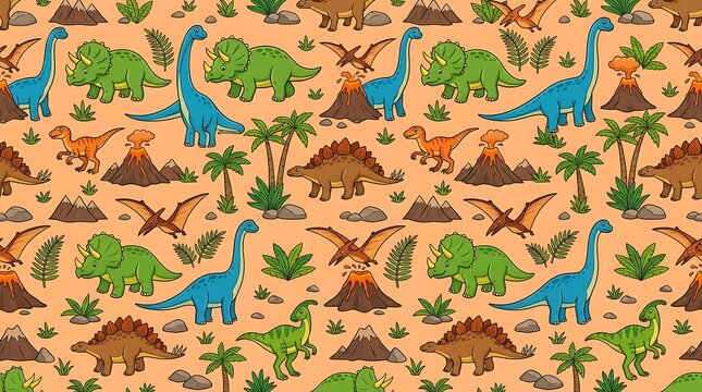 Seamless pattern with cartoon dinosaurs and erupting volcanoes