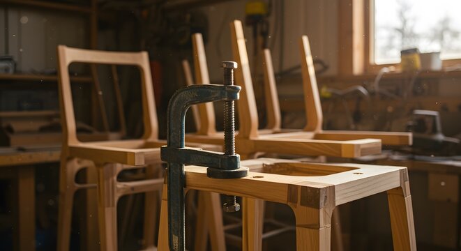 Wooden Chairs Clamped in Workshop with Natural Light in Modern Furniture Workshop