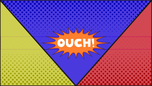 Retro comic book background with Ouch text, vintage pop art explosion bubble, colorful halftone dot pattern for creative design projects