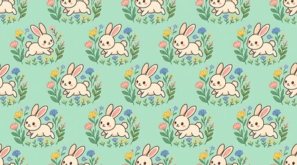 Adorable hopping bunny and spring flower seamless pattern