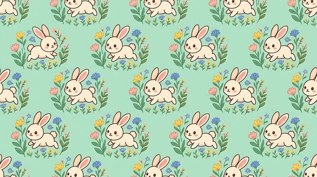 Adorable hopping bunny and spring flower seamless pattern