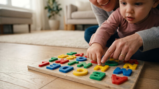 A mother and her toddler son play with a letter puzzle board in the living room. 