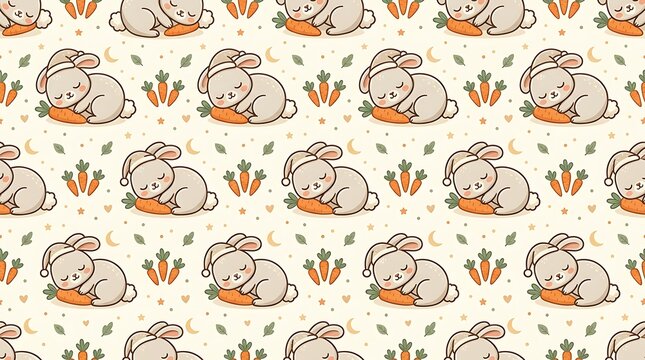 Cute sleeping bunny seamless pattern with carrots and night stars