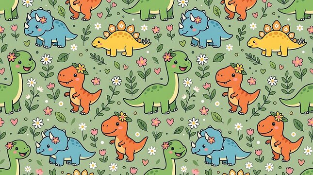 Cute colorful dinosaurs seamless pattern with flowers on green