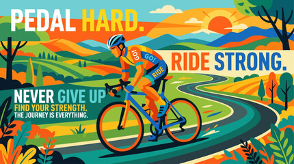 Fototapeta premium Motivational poster featuring a cyclist riding on a winding road through a colorful landscape with inspirational text.