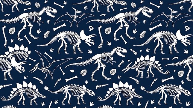 Seamless pattern of white dinosaur skeletons on dark background