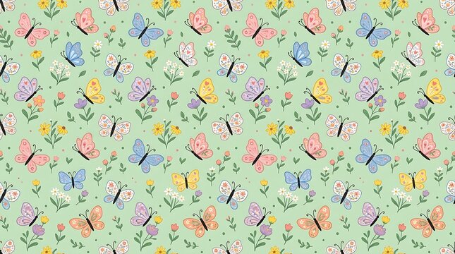Colorful butterfly and floral seamless pattern on green background