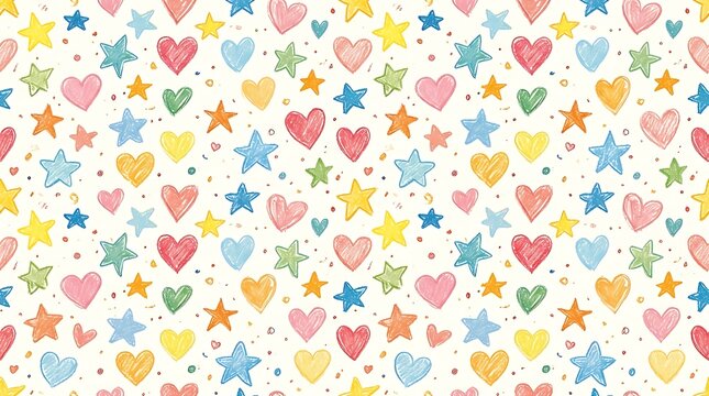 Playful hand drawn colorful hearts and stars seamless pattern