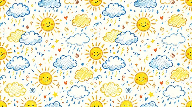 Colorful hand drawn weather pattern with smiling suns and clouds