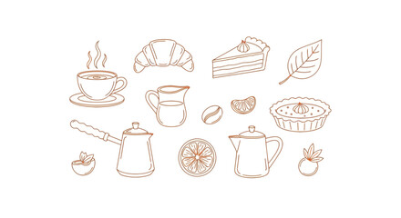 Fototapeta premium minimalist hand drawn cafe doodles of coffee breakfast food and bakery items ideal for menu design or food and drink concepts