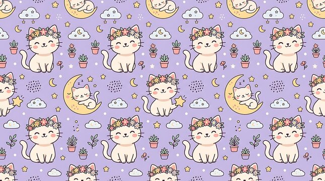 Seamless pattern of cute cartoon cats with flower crowns and moons