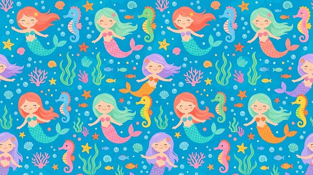 Seamless pattern with cute mermaids and seahorses on blue background