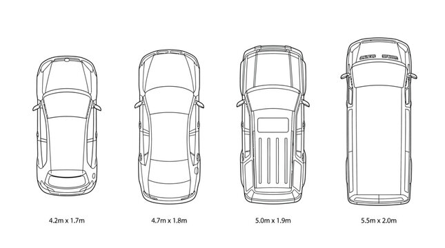 car sizes and vehicle dimensions compared in top view illustrating automobile classifications for urban planning logistics and parking.