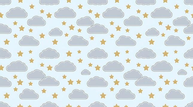 Seamless pattern of grey clouds and yellow stars on blue sky