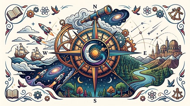 Intricate compass rose and telescope depicting scientific discovery
