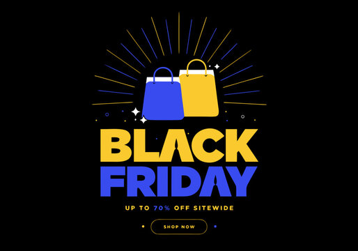 Black friday sale banner. Glowing shopping bags and typescript under a rays of light. Flat vector illustration.