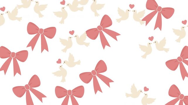 Pink bows, white doves, small hearts create a cute and romantic wedding decoration pattern suitable for invitations, stationery, and backgrounds.