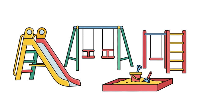 a colorful outdoor playground illustration with slide swings sandbox and climbing frame perfect for childhood play and recreational themes