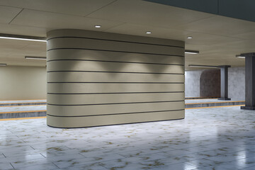 Obraz premium Blank beige wall mockup with black stripes in empty underground metro station with marble floor and concrete columns, advertising space. 3D Rendering
