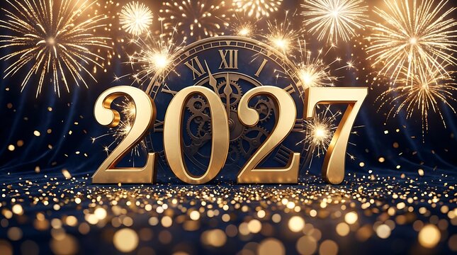 Golden year 2027 numbers with clock face and fireworks symbolizing new year celebration countdown and festive holiday event background.