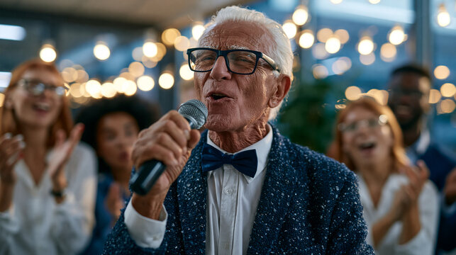 Humorous corporate party scene where a senior executive in a suit unexpectedly sings karaoke while surprised younger employees cheer in the office