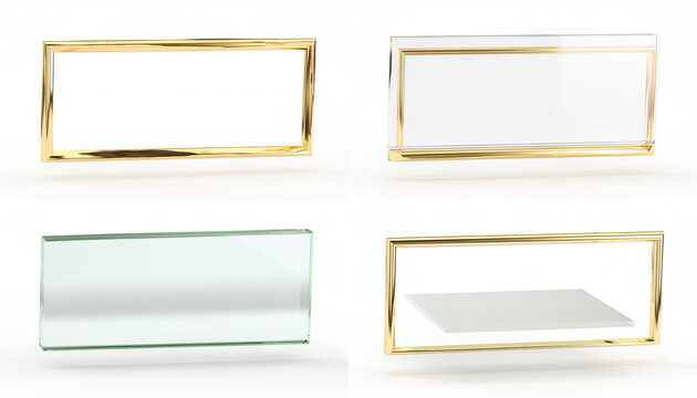Modern gold and transparent glass display shelf frames on white background 金色の枠と透明なガラス製ディスプレイ棚フレームのセット白背景素材
