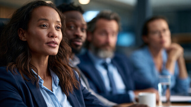 New employee sits in the director&rsquo;s chair during a formal corporate meeting while coworkers exchange nervous glances showing office hierarchy