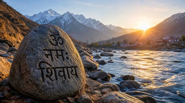 Om Namah Shivaya Mantra Engraved on Stone by Himalayan River at Sunrise