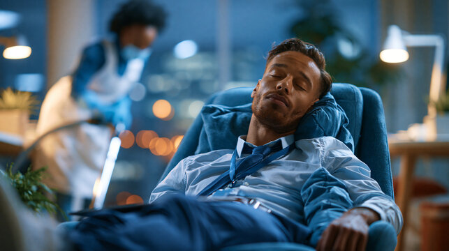 Exhausted businessman asleep in office lounge armchair while a cleaning employee quietly vacuums in late evening corporate life realistic fatigue