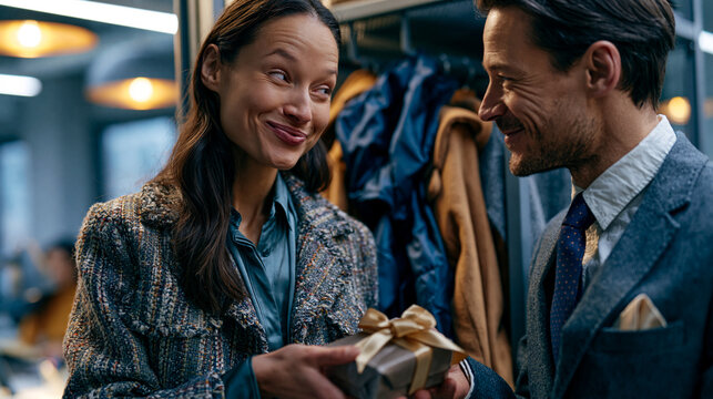 Office man worker giving a wrapped gift to female colleague near coat rack with subtle attraction and playful eye contact in a business setting