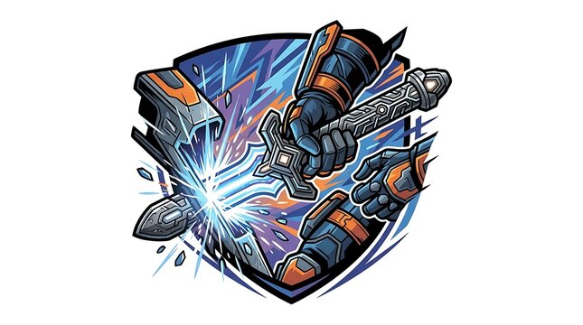 Armored gauntlet shattering a shield with a glowing energy sword