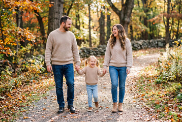 Fototapeta premium Parents and their child walk on a path surrounded by trees. They are wearing matching beige sweaters and jeans. The scene shows autumn leaves on the ground