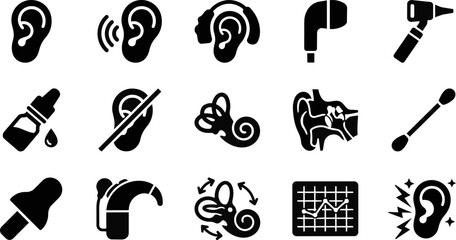 Ear health icons hearing treatment anatomy and device illustrations © sazid