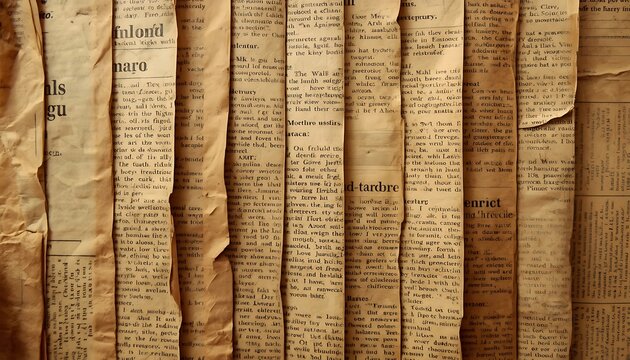 Stack of weathered vintage newspapers with illegible text and sepia tones for textured concept.