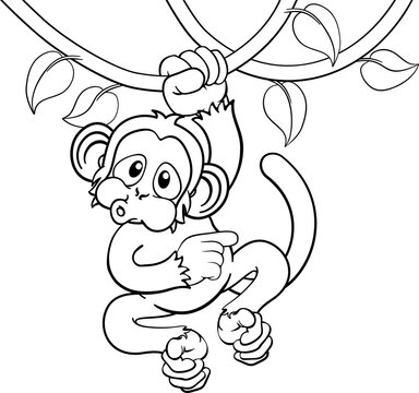A monkey cartoon character singing on jungle vines and pointing