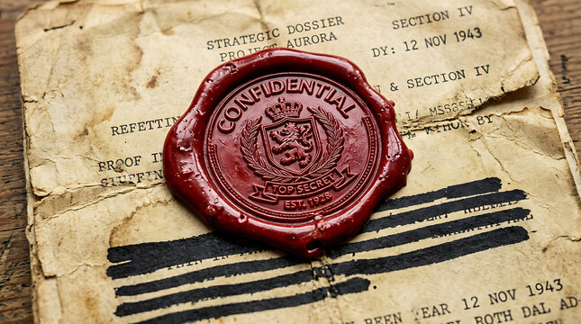 Antique confidential document with red wax seal during a secret investigation on a wooden surface