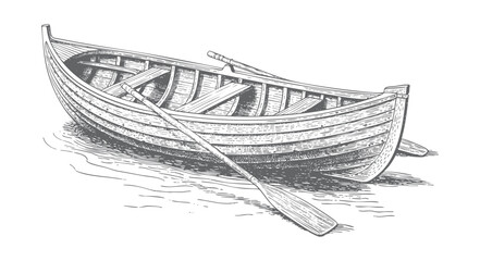 Wooden rowboat with oars illustrated in vintage engraving style. © Creative09