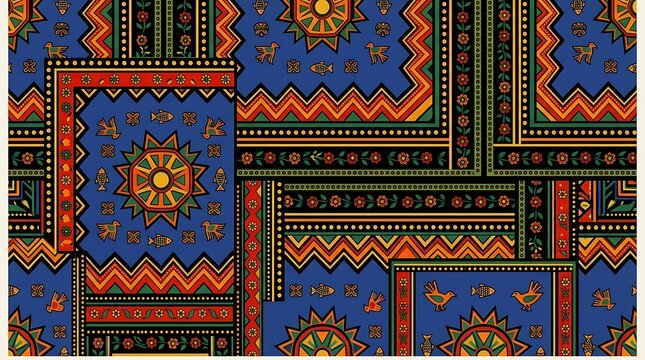 Vibrant traditional ethnic pattern with birds and floral motifs