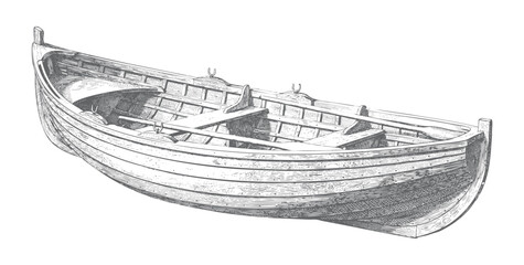 Wooden rowboat illustrated in vintage engraving style. © Creative09