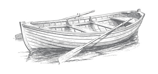 Wooden rowboat with oars illustrated in vintage engraving style. © Creative09