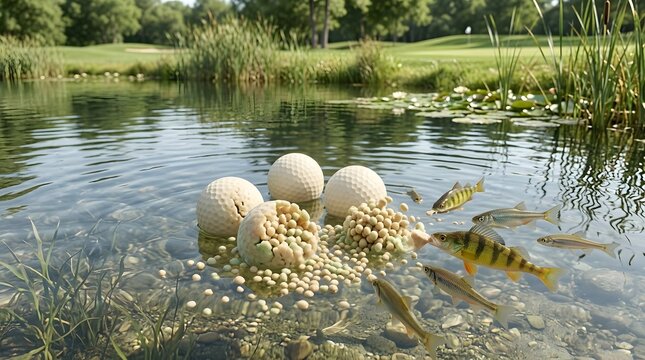 An environmentally conscious golf course featuring biodegradable pathways  natural landscaping  and renewable energy sources to support sustainability in sports infrastructure