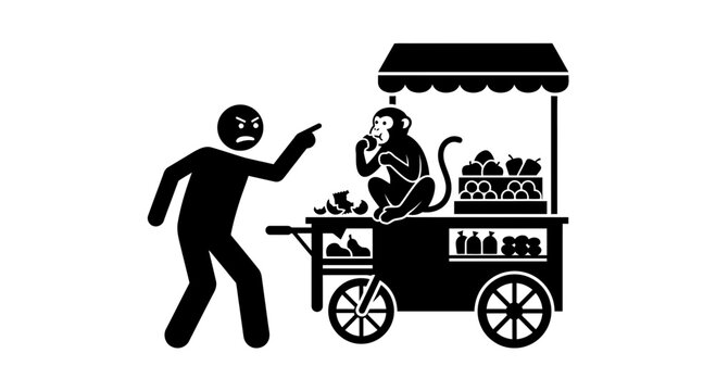 Angry Man Scolds Monkey Eating Fruit from Vendor Cart.