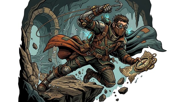 Steampunk adventurer leaping from a cave with a map and hook