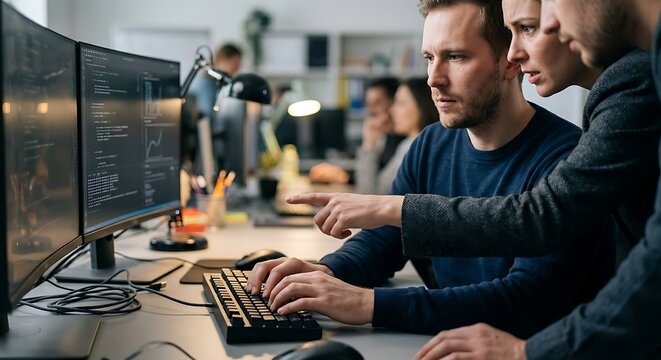 Team of software developers working on code at office workstation