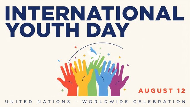 International Youth Day banner design. Colorful raised hands celebrating global youth event.