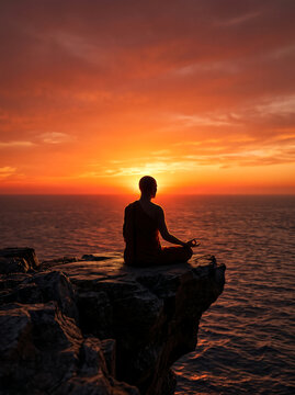 Wellness 3:4 banner, meditating silhouette on cliff at sunset, dramatic orange-crimson ocean sky, rim light edges, upper text space